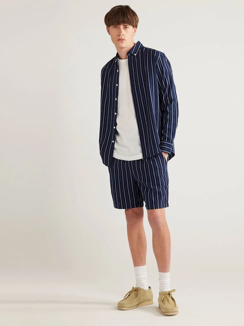 Farah Brewer Casual Fit Indigo Striped Organic Cotton Shirt In Mid Indigo 4 Farah Brewer Casual Fit Indigo Striped Organic Cotton Shirt In Mid Indigo