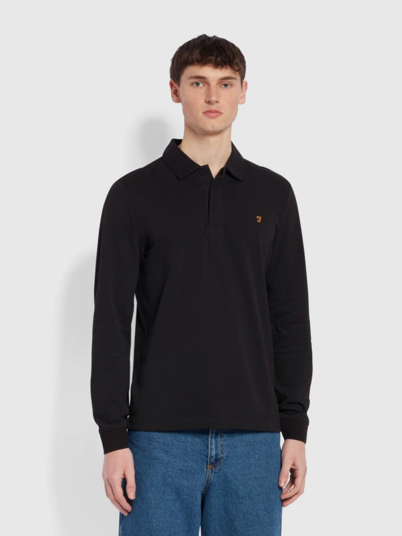 Farah Haslam Slim Fit Long Sleeve Organic Cotton Polo Shirt In Black NEW IN 3 Farah Haslam Slim Fit Long Sleeve Organic Cotton Polo Shirt In Black NEW IN