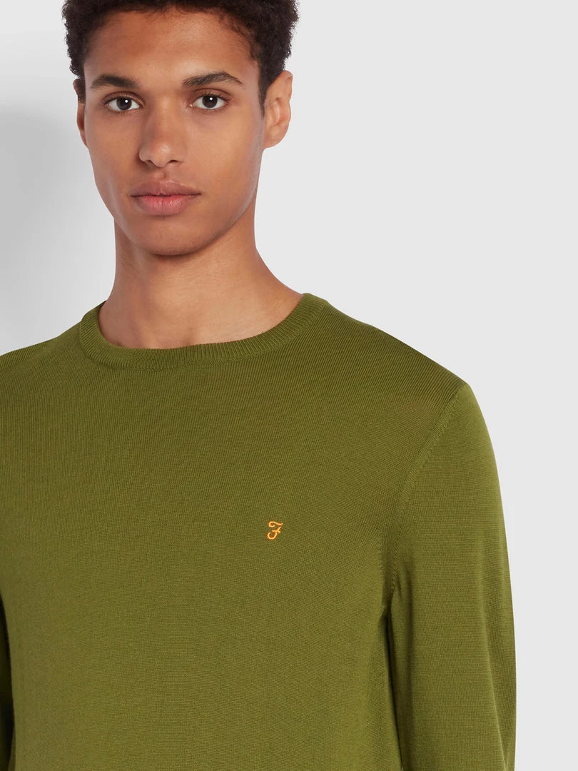 Farah Mullen Merino Wool Crew Neck Jumper In Green Olive 5 Farah Mullen Merino Wool Crew Neck Jumper In Green Olive