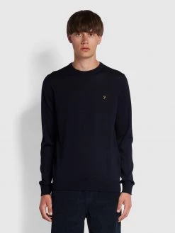 Farah Mullen Merino Wool Crew Neck Jumper In Navy CLOTHING