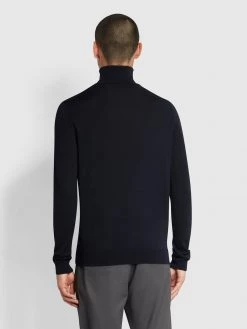 Farah Gosforth Merino Wool Roll Neck Jumper In True Navy