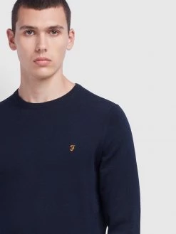 Farah Mullen Cotton Crew Neck Jumper In True Navy Jeans