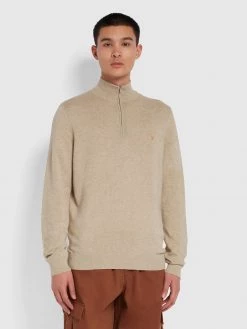 Farah CLOTHING Redchurch Organic Cotton Quarter Zip Jumper In Smoky Brown Marl