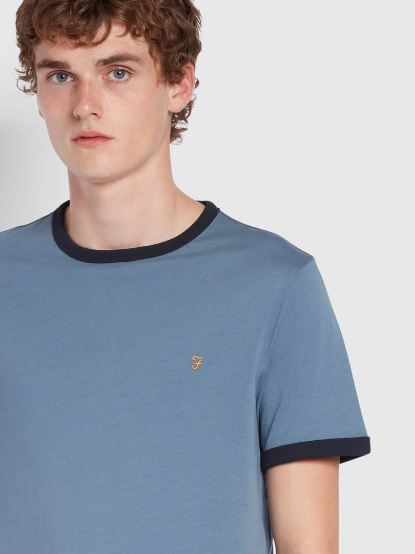 Farah Groves Slim Fit Organic Cotton Ringer T-Shirt In Bowrey Blue 5 Farah Groves Slim Fit Organic Cotton Ringer T-Shirt In Bowrey Blue