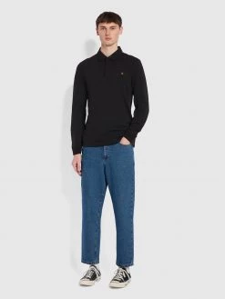 Farah Haslam Slim Fit Long Sleeve Organic Cotton Polo Shirt In Black NEW IN