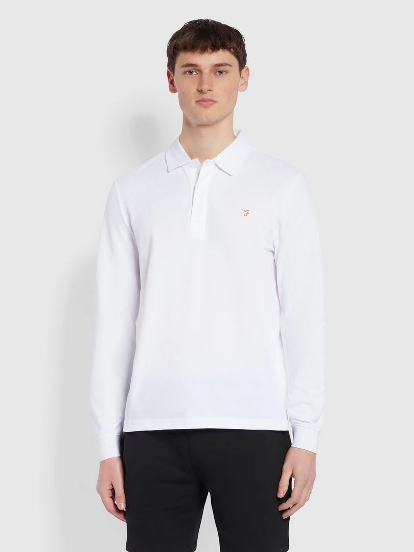 Farah Haslam Slim Fit Long Sleeve Organic Cotton Polo Shirt In White NEW IN 3 Farah Haslam Slim Fit Long Sleeve Organic Cotton Polo Shirt In White NEW IN
