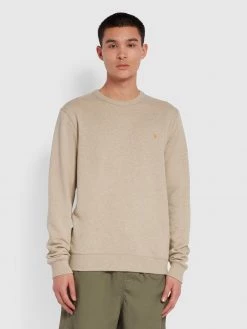 Farah Tim Organic Cotton Crew Neck Sweatshirt In Smoky Brown Marl Jeans