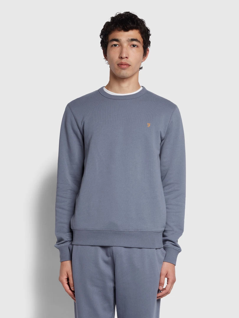 Farah Tim Organic Cotton Crew Neck Sweatshirt In Battleship Blue 3 Farah Tim Organic Cotton Crew Neck Sweatshirt In Battleship Blue