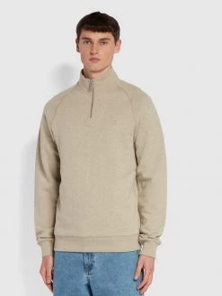 Farah Jim Organic Cotton Quarter Zip Sweatshirt In Smoky Brown Marl Sweatshirts And Hoodies
