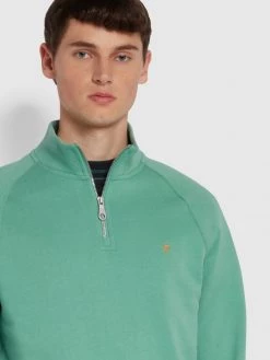 Farah Jim Organic Cotton Quarter Zip Sweatshirt In Jade Green
