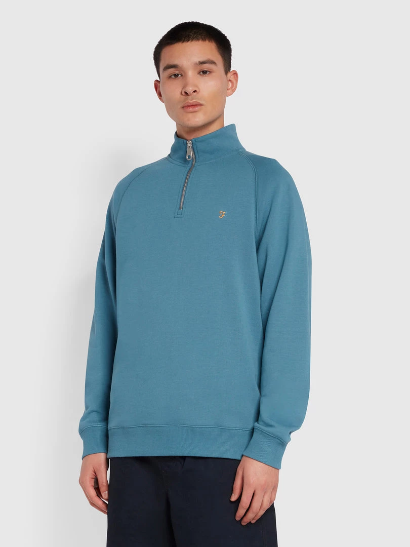 Farah CLOTHING Jim Organic Cotton Quarter Zip Sweatshirt In Saxe 3 Farah CLOTHING Jim Organic Cotton Quarter Zip Sweatshirt In Saxe