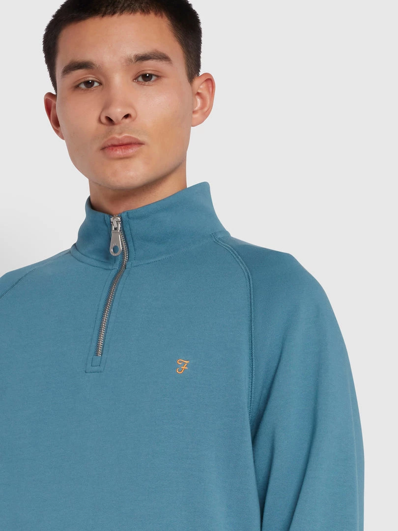 Farah CLOTHING Jim Organic Cotton Quarter Zip Sweatshirt In Saxe 5 Farah CLOTHING Jim Organic Cotton Quarter Zip Sweatshirt In Saxe