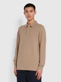 Farah Haslam Slim Fit Long Sleeve Organic Cotton Polo Shirt In Smoky Brown CLOTHING