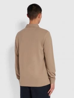 Farah Haslam Slim Fit Long Sleeve Organic Cotton Polo Shirt In Smoky Brown CLOTHING