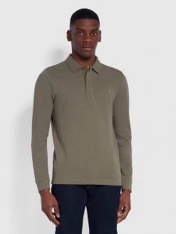 Farah CLOTHING Haslam Slim Fit Long Sleeve Organic Cotton Polo Shirt In Vintage Green