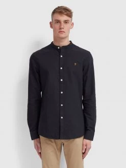 Farah Shirts Brewer Slim Fit Grandad Oxford Shirt In Navy