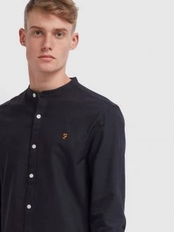 Farah Shirts Brewer Slim Fit Grandad Oxford Shirt In Navy 8 Farah Shirts Brewer Slim Fit Grandad Oxford Shirt In Navy