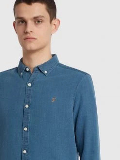 Farah CLOTHING Brewer Slim Fit Indigo Oxford Shirt In Stone Wash