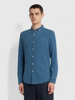 Farah CLOTHING Brewer Slim Fit Indigo Oxford Shirt In Stone Wash