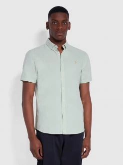 Farah Brewer Slim Fit Short Sleeve Organic Cotton Oxford Shirt In Marine Green