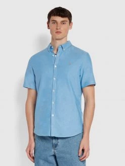 Farah Brewer Slim Fit Short Sleeve Organic Cotton Oxford Shirt In Mid Blue Shirts