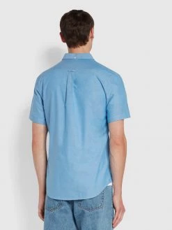 Farah Brewer Slim Fit Short Sleeve Organic Cotton Oxford Shirt In Mid Blue Shirts