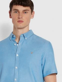 Farah Brewer Slim Fit Short Sleeve Organic Cotton Oxford Shirt In Mid Blue Shirts