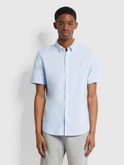 Farah Brewer Slim Fit Short Sleeve Organic Cotton Oxford Shirt In Sky Blue