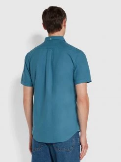 Farah Brewer Slim Fit Short Sleeve Organic Cotton Oxford Shirt In Saxe 9 Farah Brewer Slim Fit Short Sleeve Organic Cotton Oxford Shirt In Saxe