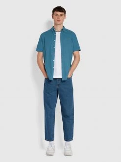 Farah Brewer Slim Fit Short Sleeve Organic Cotton Oxford Shirt In Saxe 7 Farah Brewer Slim Fit Short Sleeve Organic Cotton Oxford Shirt In Saxe