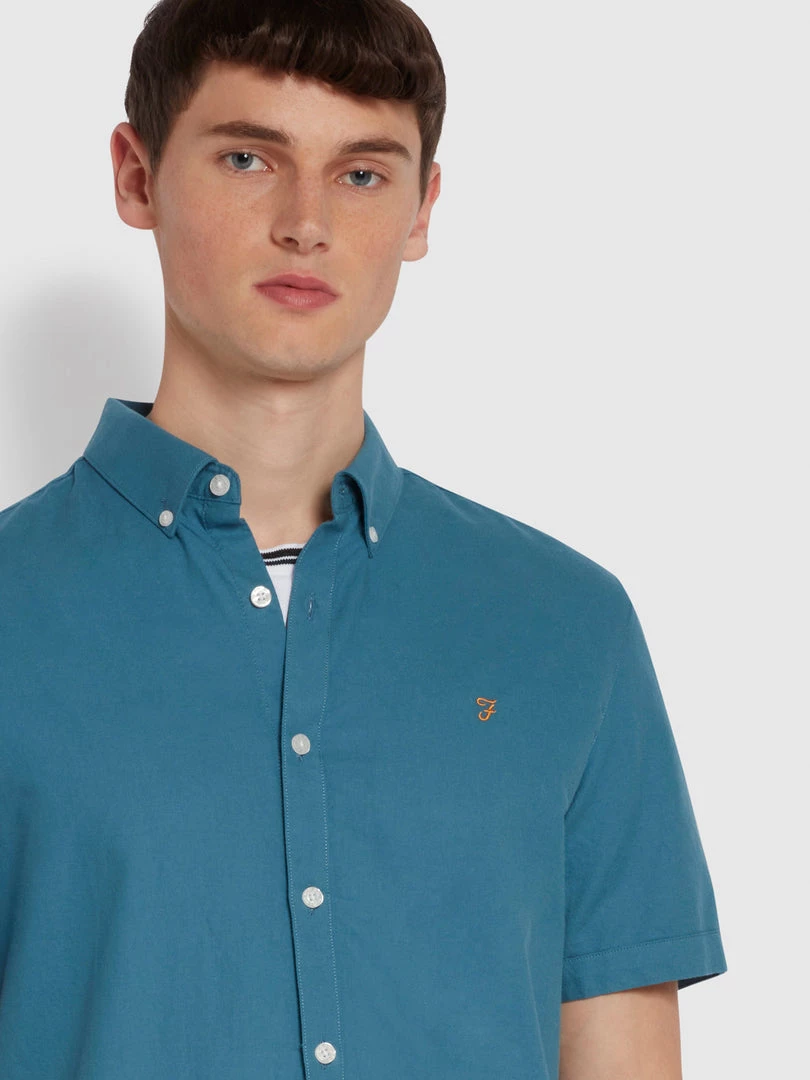 Farah Brewer Slim Fit Short Sleeve Organic Cotton Oxford Shirt In Saxe 5 Farah Brewer Slim Fit Short Sleeve Organic Cotton Oxford Shirt In Saxe