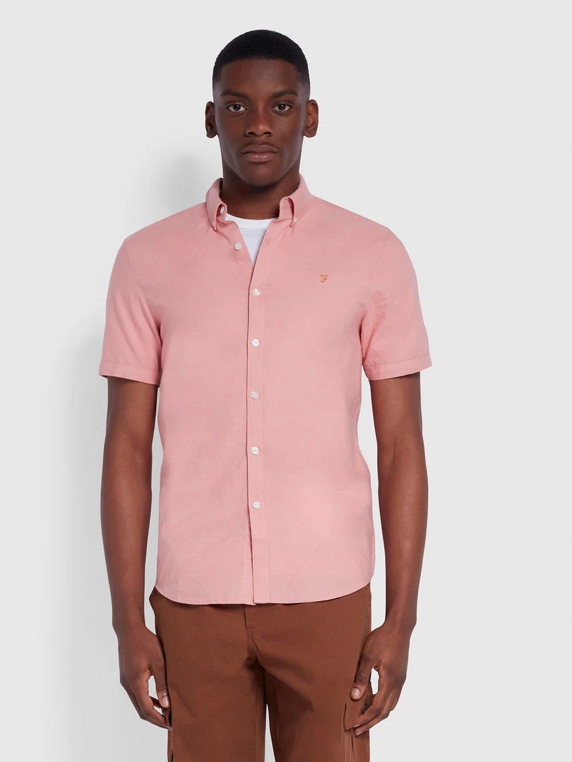 Farah Brewer Slim Fit Short Sleeve Organic Cotton Oxford Shirt In Pink Rose 3 Farah Brewer Slim Fit Short Sleeve Organic Cotton Oxford Shirt In Pink Rose