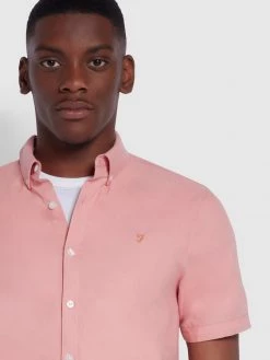 Farah Brewer Slim Fit Short Sleeve Organic Cotton Oxford Shirt In Pink Rose 8 Farah Brewer Slim Fit Short Sleeve Organic Cotton Oxford Shirt In Pink Rose