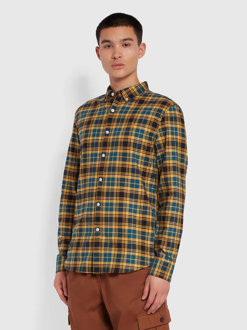 Farah Brewer Slim Fit Check Organic Cotton Oxford Shirt In Teal 3 Farah Brewer Slim Fit Check Organic Cotton Oxford Shirt In Teal
