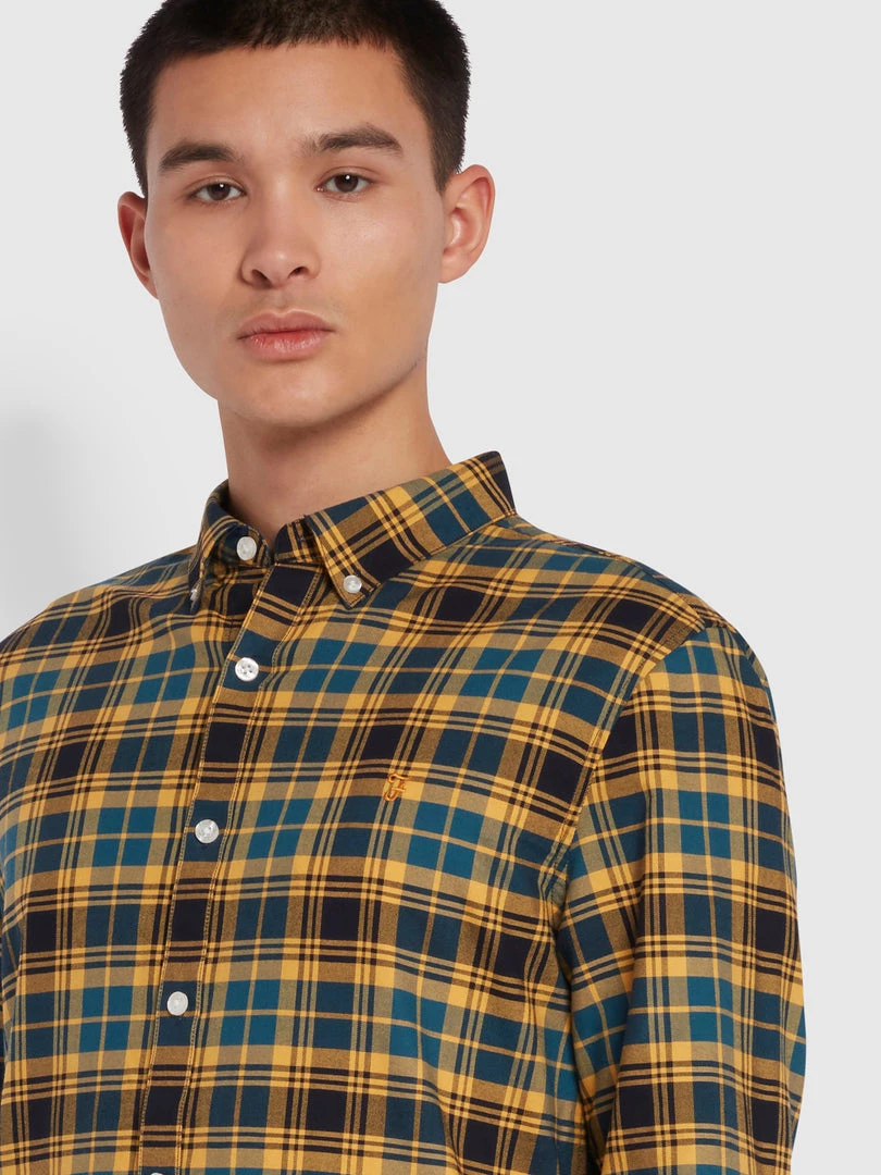 Farah Brewer Slim Fit Check Organic Cotton Oxford Shirt In Teal 5 Farah Brewer Slim Fit Check Organic Cotton Oxford Shirt In Teal