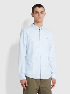 Cheap Farah Store 22 Farah Brewer Slim Fit Striped Organic Cotton Oxford Shirt In Sky Blue NEW IN