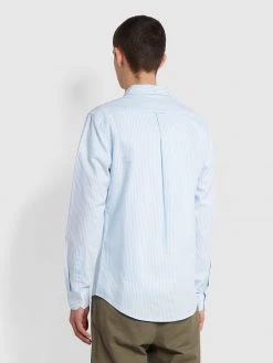 Farah Brewer Slim Fit Striped Organic Cotton Oxford Shirt In Sky Blue NEW IN