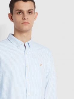Farah Brewer Slim Fit Striped Organic Cotton Oxford Shirt In Sky Blue NEW IN