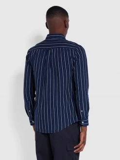 Farah Brewer Casual Fit Indigo Striped Organic Cotton Shirt In Mid Indigo 11 Farah Brewer Casual Fit Indigo Striped Organic Cotton Shirt In Mid Indigo