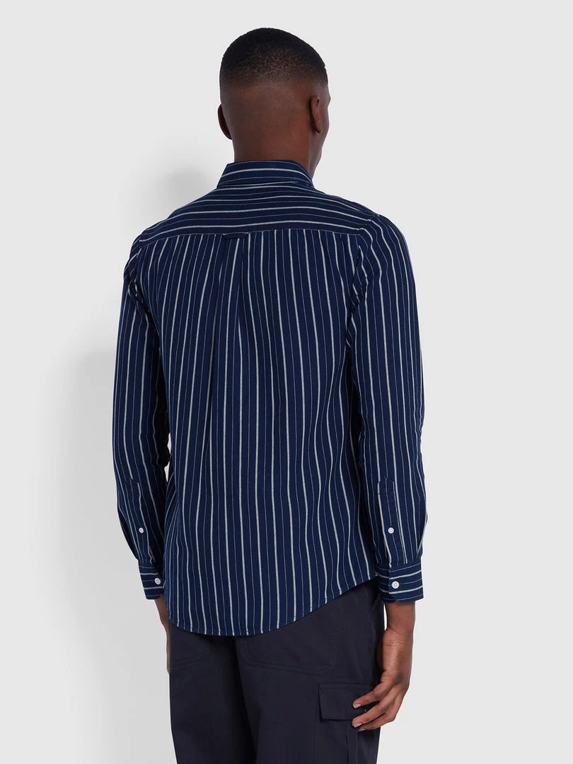Farah Brewer Casual Fit Indigo Striped Organic Cotton Shirt In Mid Indigo 6 Farah Brewer Casual Fit Indigo Striped Organic Cotton Shirt In Mid Indigo