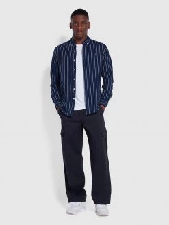 Farah Brewer Casual Fit Indigo Striped Organic Cotton Shirt In Mid Indigo 12 Farah Brewer Casual Fit Indigo Striped Organic Cotton Shirt In Mid Indigo