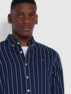 Farah Brewer Casual Fit Indigo Striped Organic Cotton Shirt In Mid Indigo 10 Farah Brewer Casual Fit Indigo Striped Organic Cotton Shirt In Mid Indigo