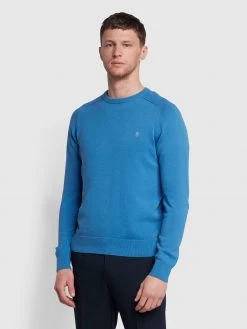 Farah Stern Cotton Crew Jumper In Washed Blue Farah Mainline