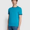 Farah NEW IN Groves Regular Fit Organic Cotton Ringer T-Shirt In Blue Opal