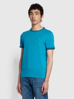 Farah NEW IN Groves Regular Fit Organic Cotton Ringer T-Shirt In Blue Opal