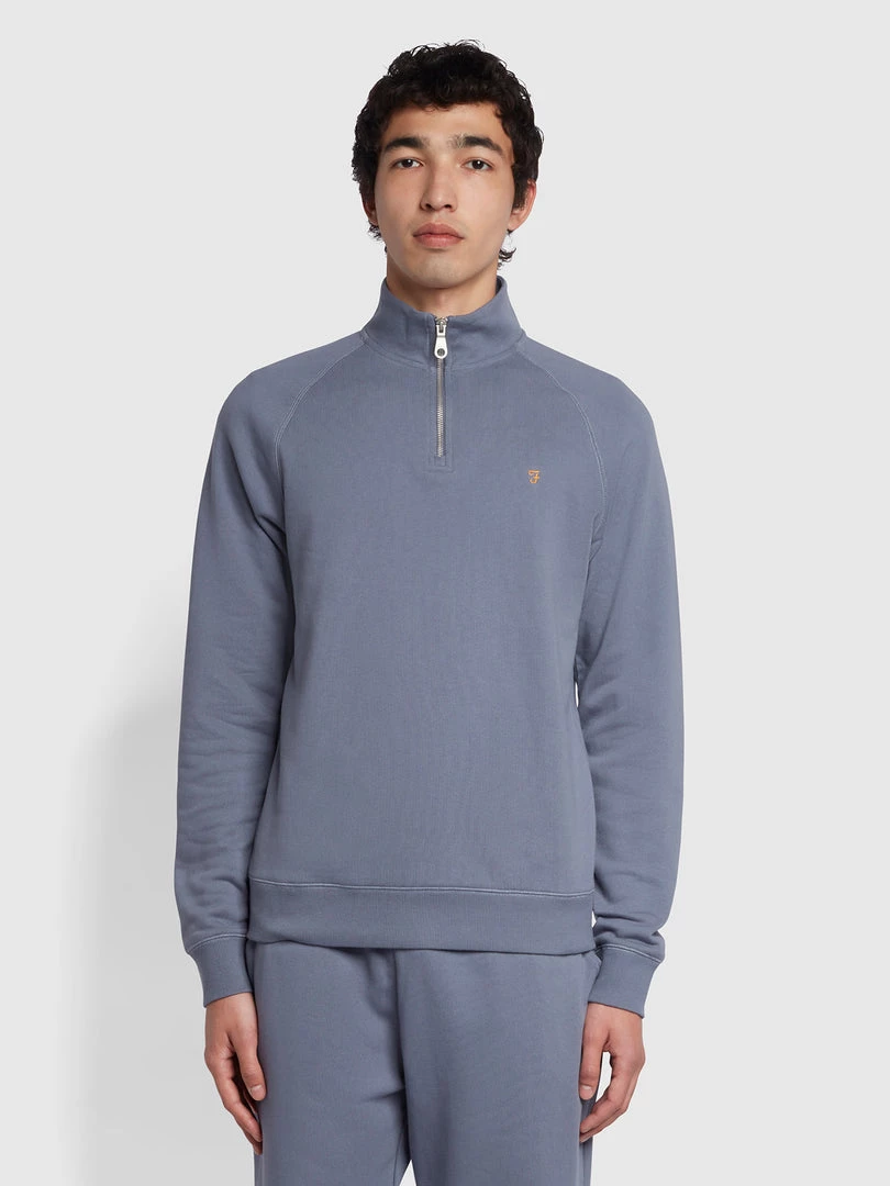 Farah CLOTHING Jim Organic Cotton Quarter Zip Sweatshirt In Battleship Blue 3 Farah CLOTHING Jim Organic Cotton Quarter Zip Sweatshirt In Battleship Blue