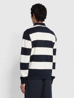 Farah Pilton Long Sleeve Striped Rugby Sweatshirt In True Navy NEW IN