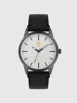 Farah Classic Watch With Leather Strap In Deep Black