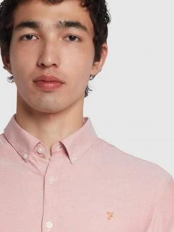 Farah Brewer Slim Fit Short Sleeve Organic Cotton Oxford Shirt In Torch Orange NEW IN
