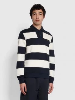 Farah Pilton Long Sleeve Striped Rugby Sweatshirt In True Navy NEW IN